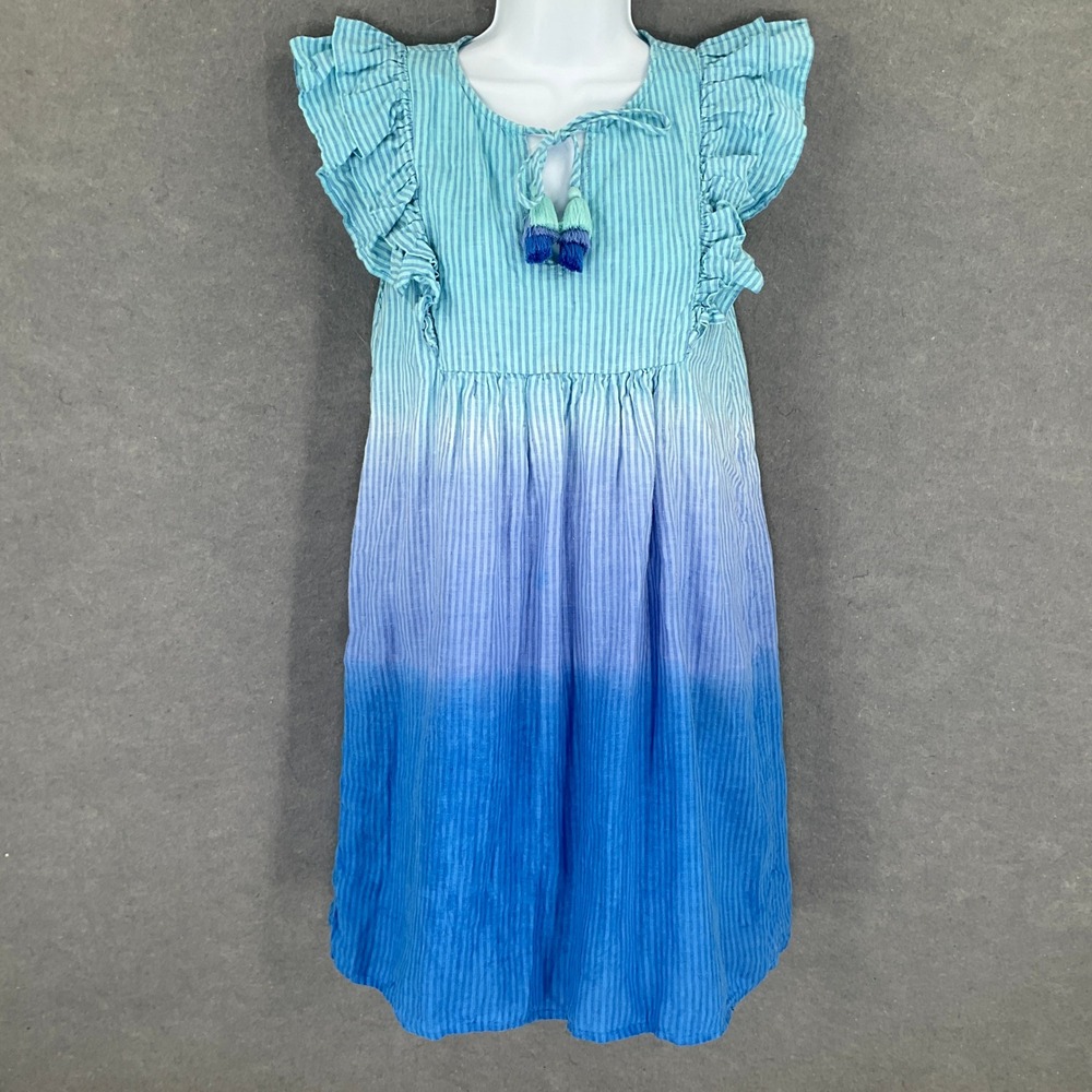 Vineyard Vines Striped Ruffle Sleeve Linen Dress Blue Ombre Tassel XXS Whimsical